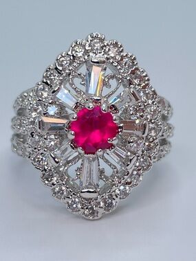 Diamond White Pink Swarovski Crystal Halo Ring Silver Art Deco Statement Size 6
